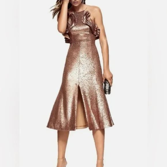 NWT C/MEO Collective Illuminated Sequin Ruffle Midi Dress | Copper Rose Gold | S - Picture 3 of 12